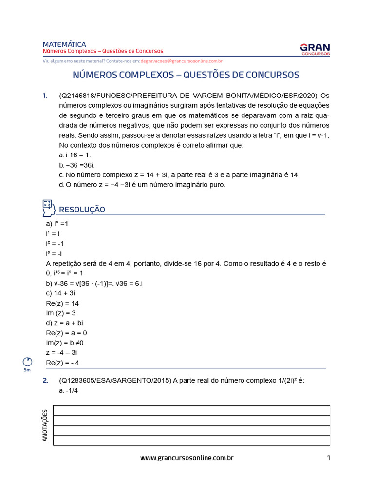 Números Complexos - Questões de Concursos: Resolução | PDF | Número ...