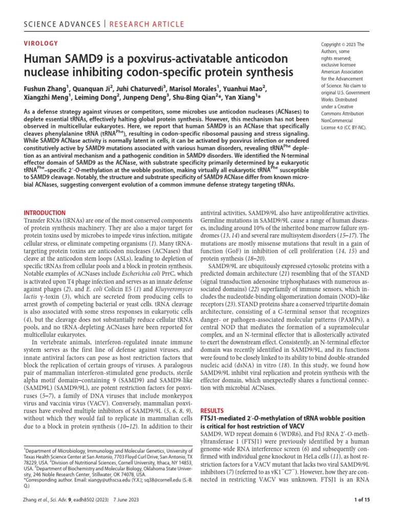 Human SAMD9 Is A Poxvirus-Activatable Anticodon Nuclease Inhibiting ...