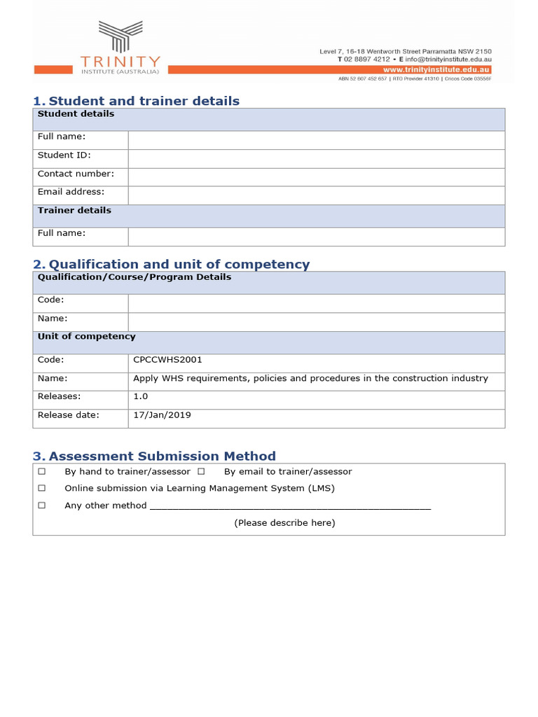 WHS Assessment Guide for CPCCWHS2001 | PDF | Occupational Safety And ...