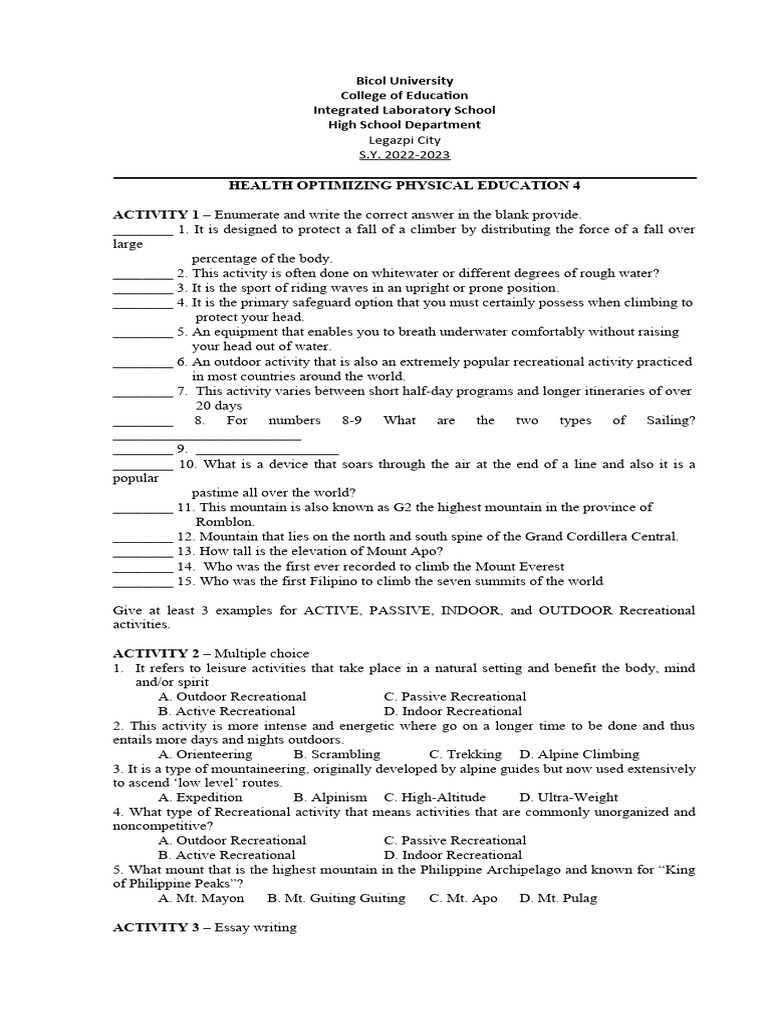 Health Optimizing PE 4 Activities Guide | PDF | Mountains | Outdoor ...