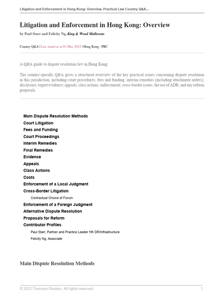 Hong Kong Litigation & Enforcement Guide | PDF | Damages | Mediation