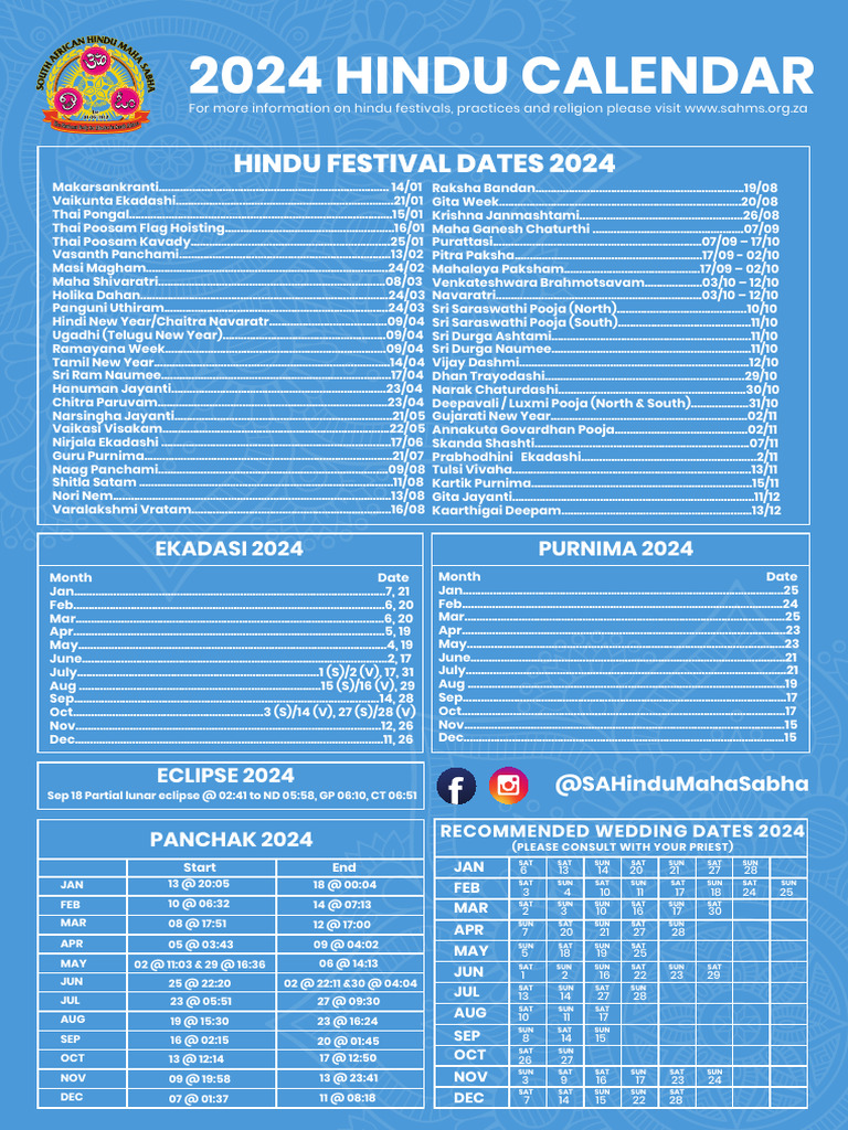 2024 South African Hindu Maha Sabha Calendar Hindu Calender | PDF