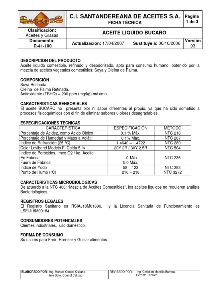 Ficha Técnica Aceite Líquido Búcaro | PDF | Petróleo | Alimentos