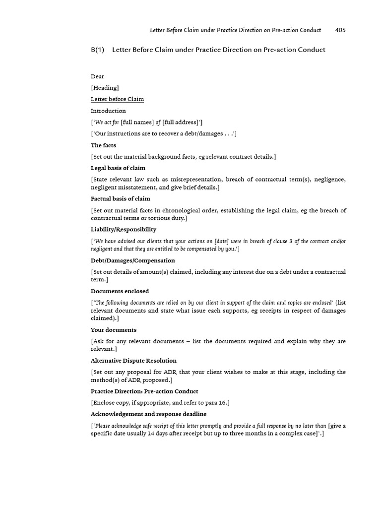 B1 b2 letter before claim pdf damages negligence