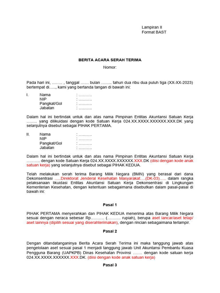 Format BAST Serah Terima Aset BMN | PDF | Pengelolaan Keuangan & Uang