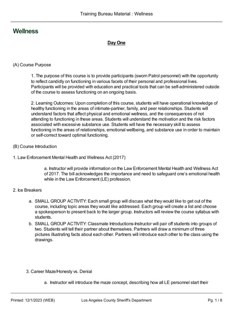 LA County Sheriff's Office Training Bureau Material Wellness 121