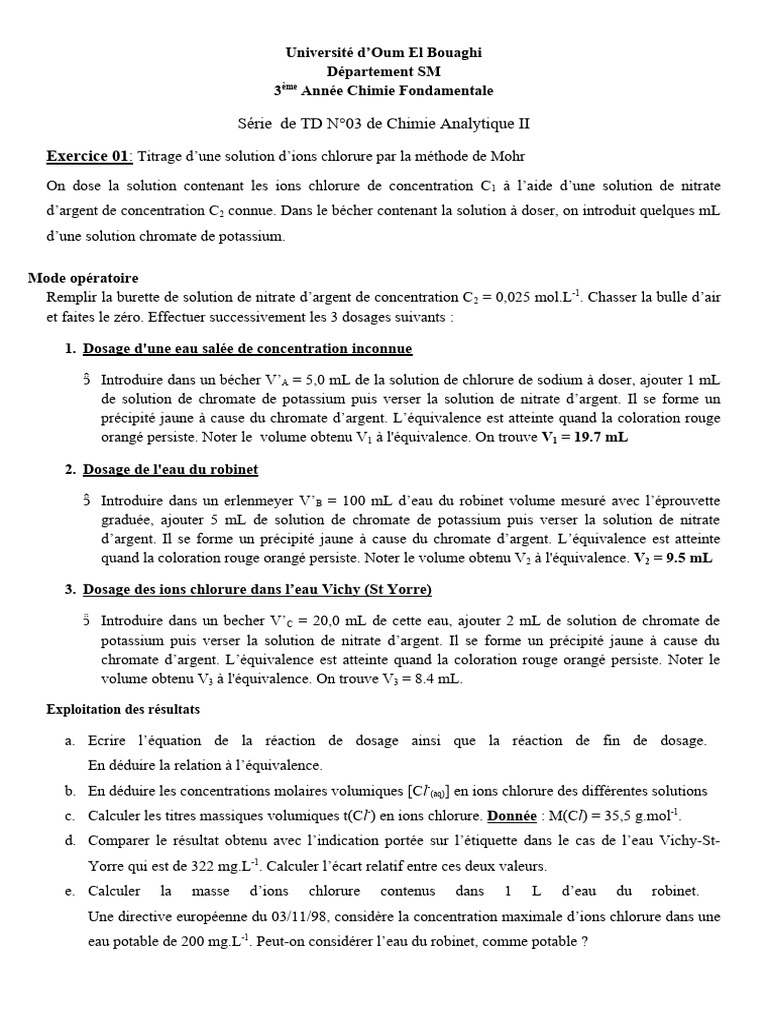 Titrage des ions chlorure en chimie analytique | PDF | Titrage | Chimie