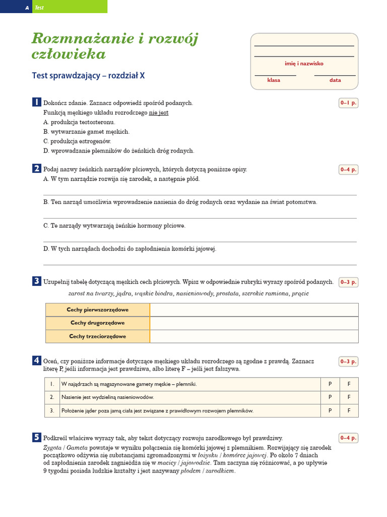 Rozmnażanie I Rozwój Człowieka Sprawdzian Biologia Na Czasie 2 Rozmnażanie I Rozwój Człowieka: Test Sprawdzający - Rozdział X | PDF