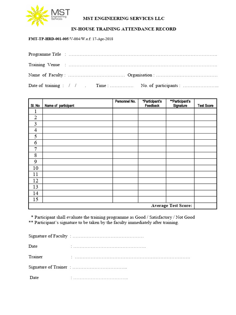MST Engineering Training Attendance Record | PDF