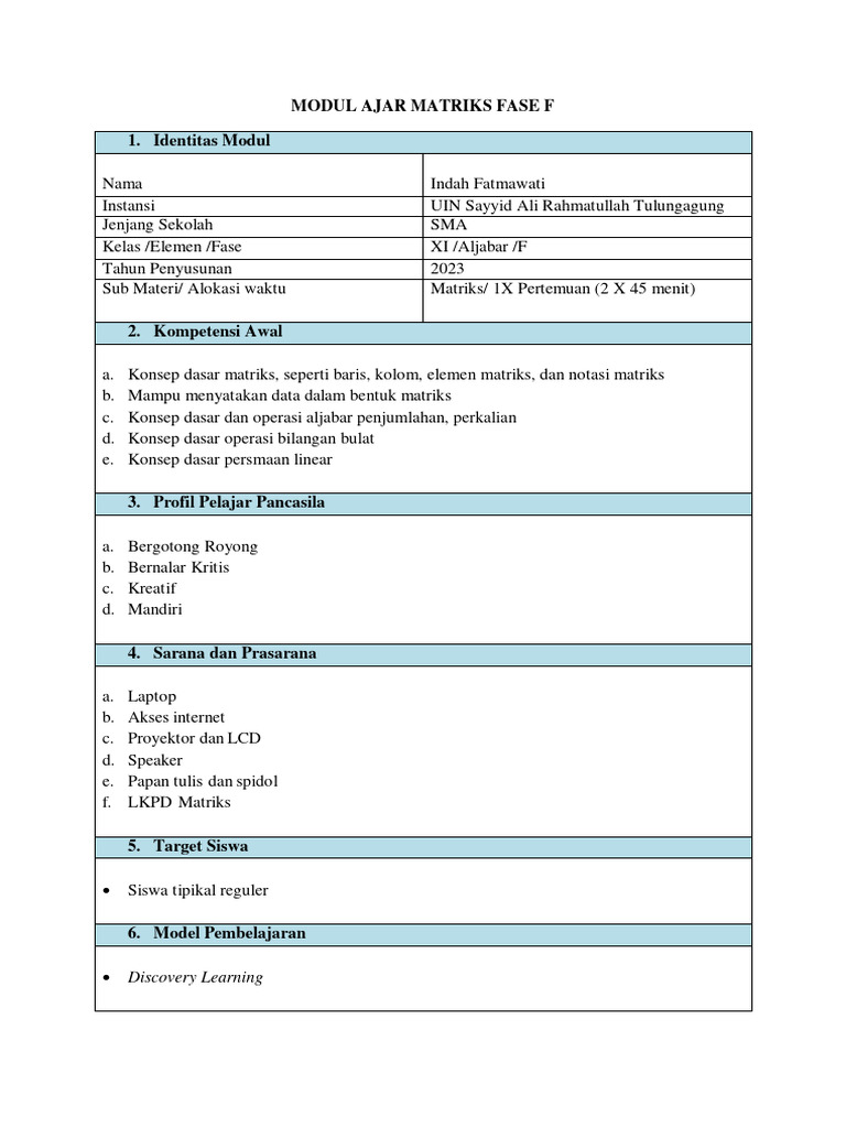 Modul Ajar Matriks Kelas XI Fase F | PDF | Metode & Bahan Ajar | Seni
