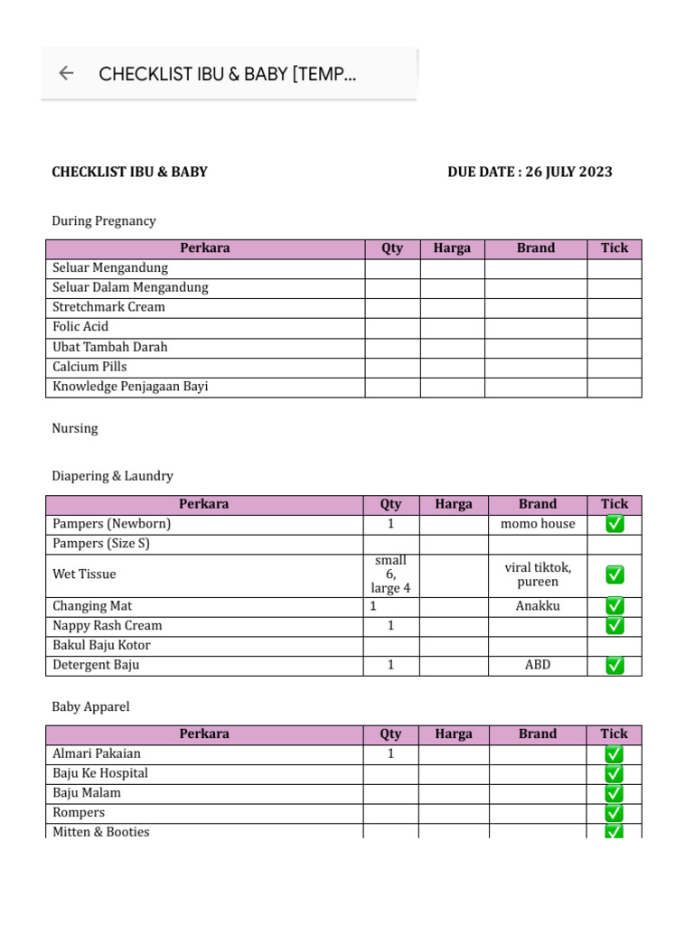 Checklist Ibu dan Baby Lengkap | PDF | Domestic Implements | Infancy