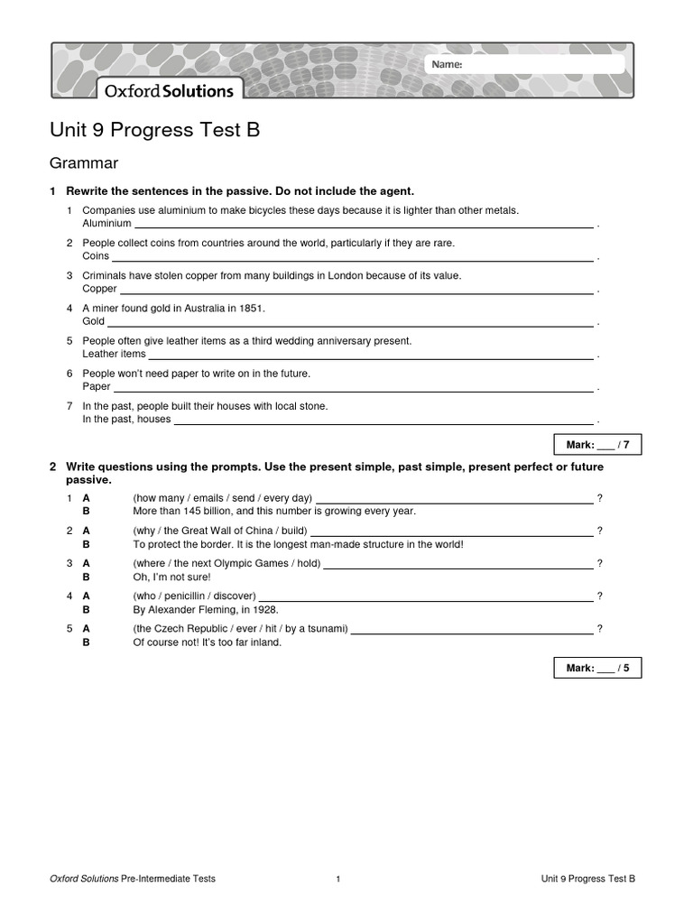 Oxford Solutions Pre Int Progress Test Unit 9 B Pdf