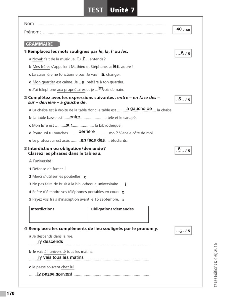 Test de français : Unité 7 - Grammaire et vocabulaire | PDF