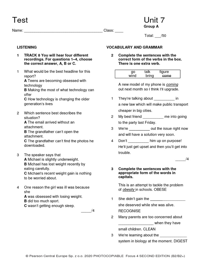 Focus4 2E Test Unit7 GroupA 2kol | PDF