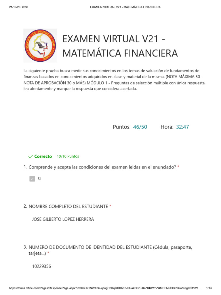 Examen Virtual de Matemática Financiera | PDF | Interés | Tasas de interés