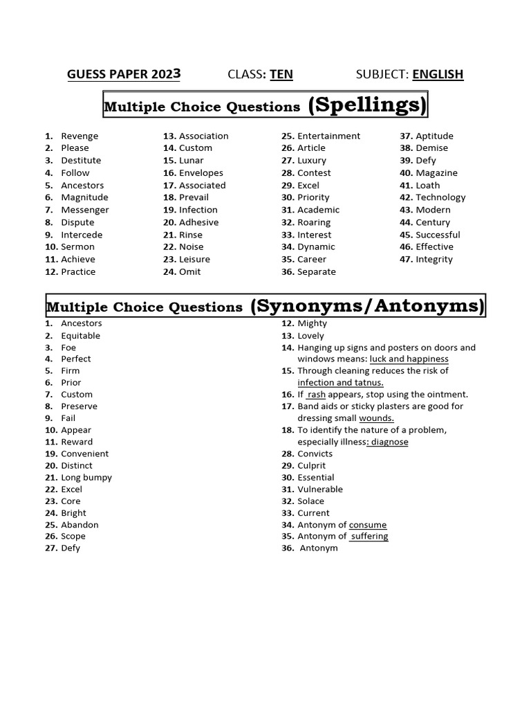 9 Class English Guess Paper