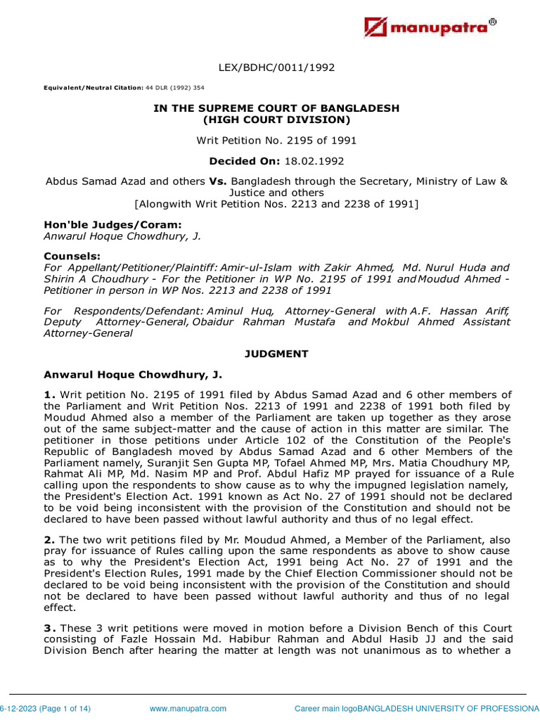 Abdus Samad Azad vs. Bangladesh Election Act | PDF | Voting | Elections