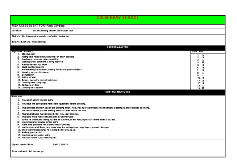 Risk Assessment - Rock Climbing | PDF