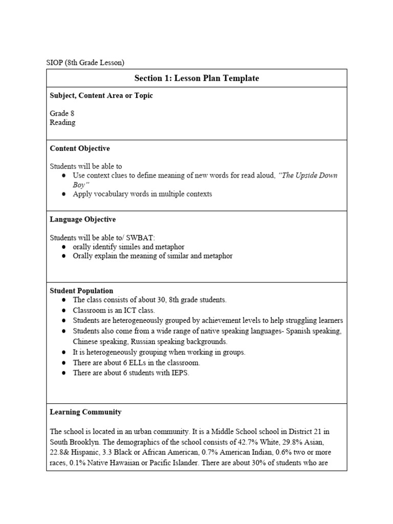 8th Grade SIOP Lesson on Figurative Language | PDF | Metaphor | Learning