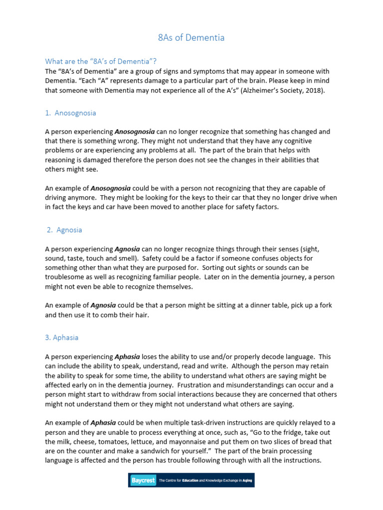 Baycrest 8as of Dementia Fact Sheet PDF Memory Amnesia