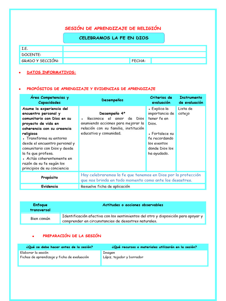Celebración de la Fe en Dios | PDF | Aprendizaje | Evaluación