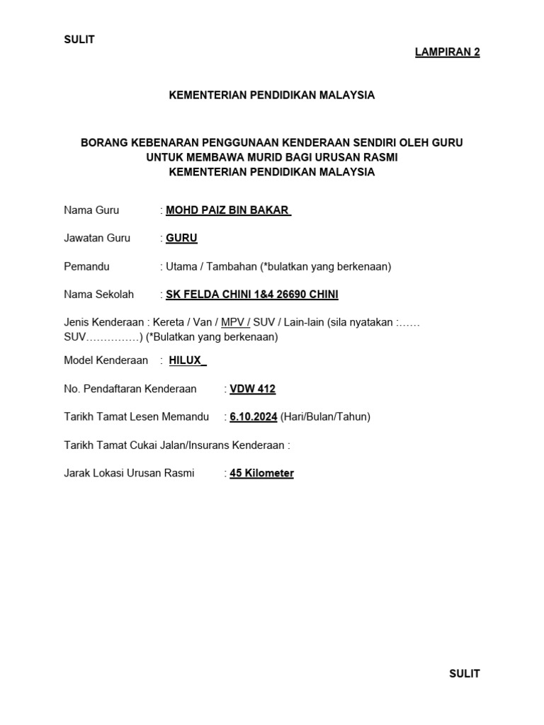 Borang Kebenaran Membawa Kenderaan Sendiri | PDF