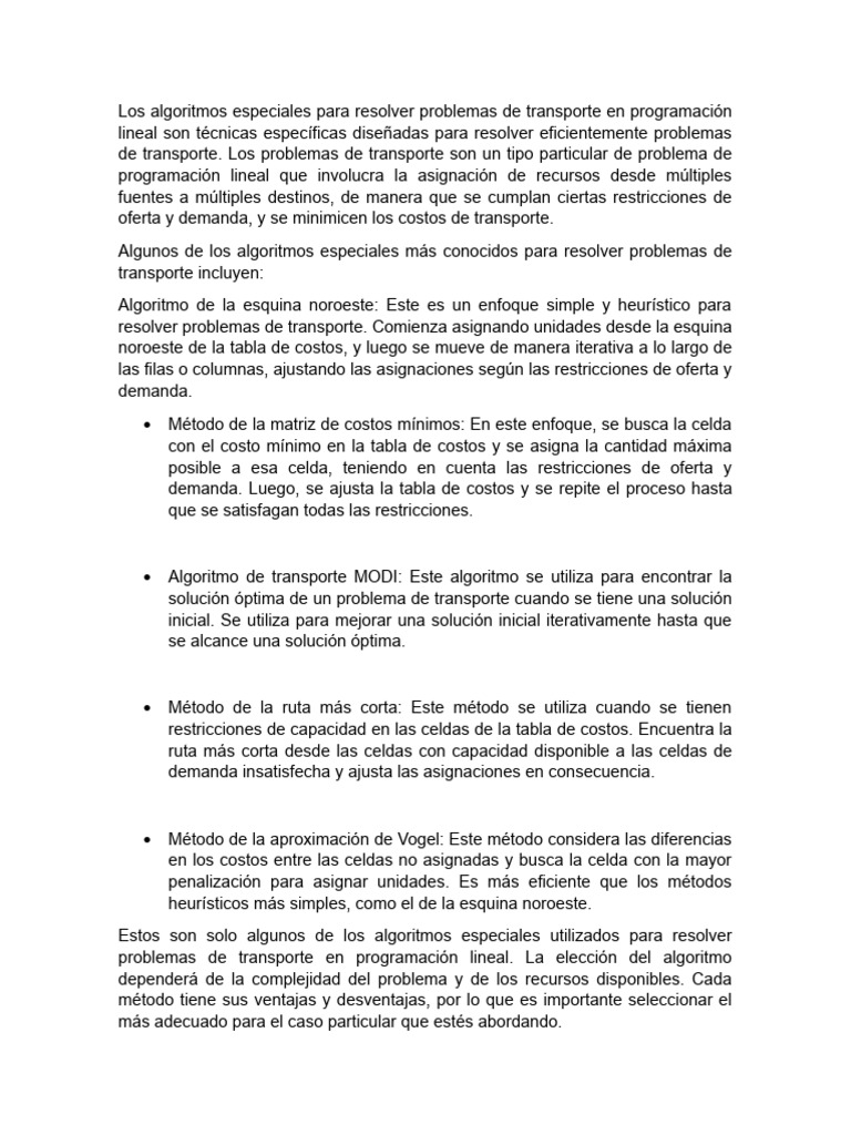 Algoritmos para Problemas de Transporte y Asignación | PDF ...