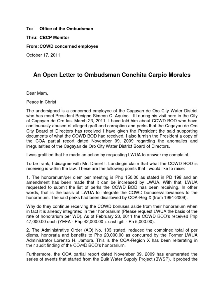 COWD Employee's Appeal to Ombudsman | PDF | Government | Justice