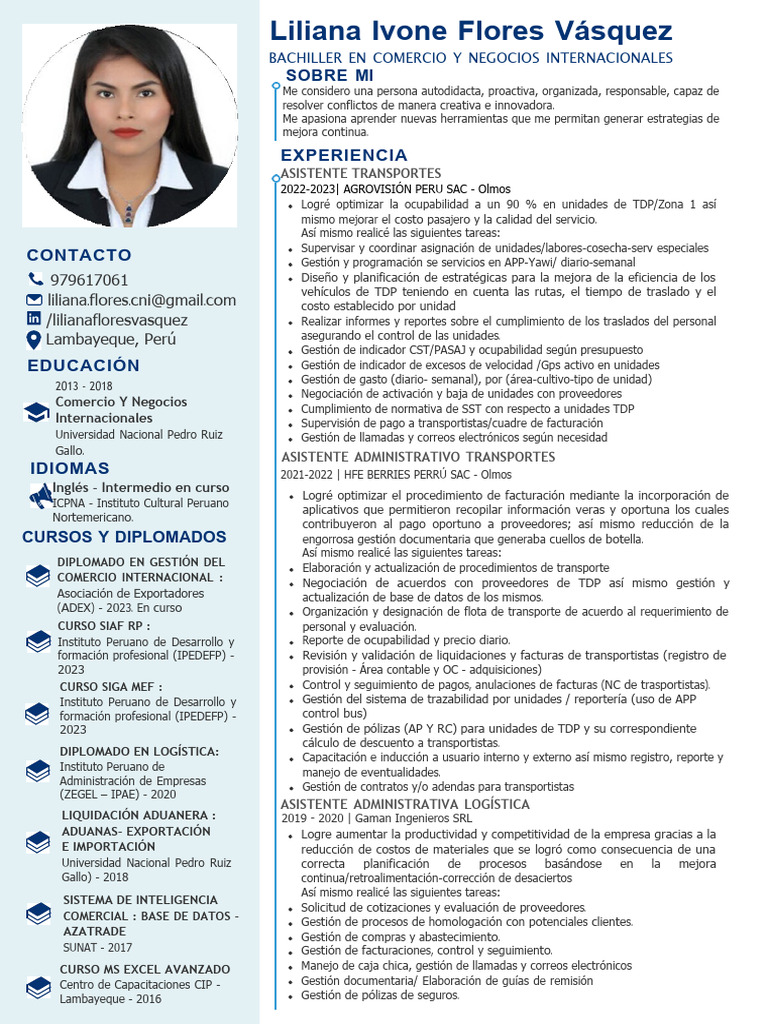 CV Liliana Flores PDF Perú Negocios económicos