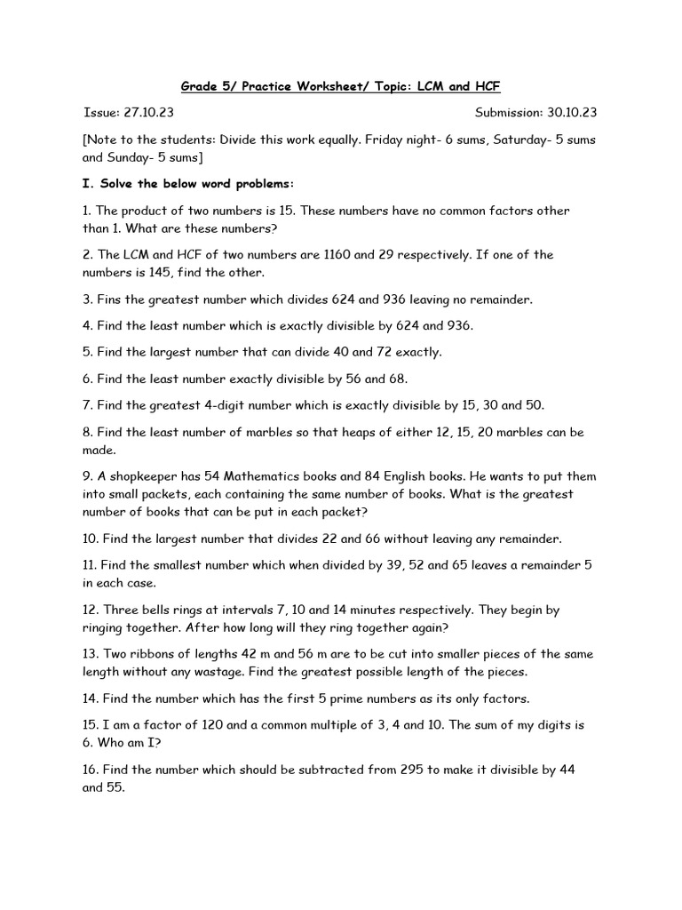 Grade 5- Workshhet- LCM HCF- 27th Oct 5 | PDF
