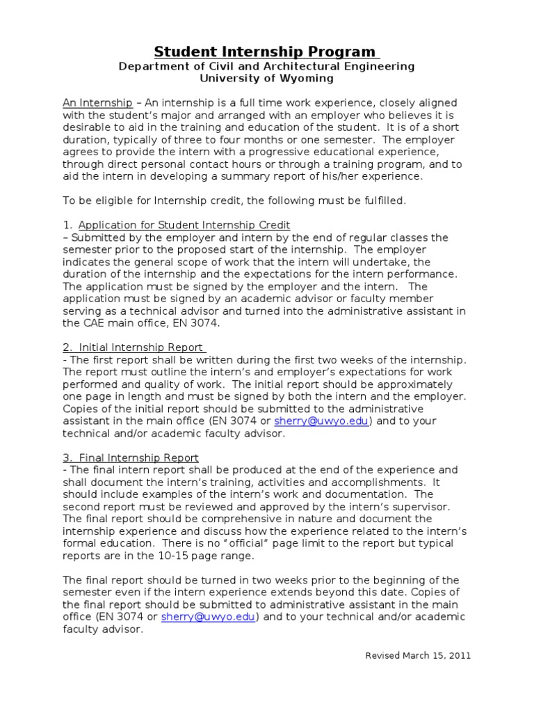 Student Internship Program Department of Civil and Architectural