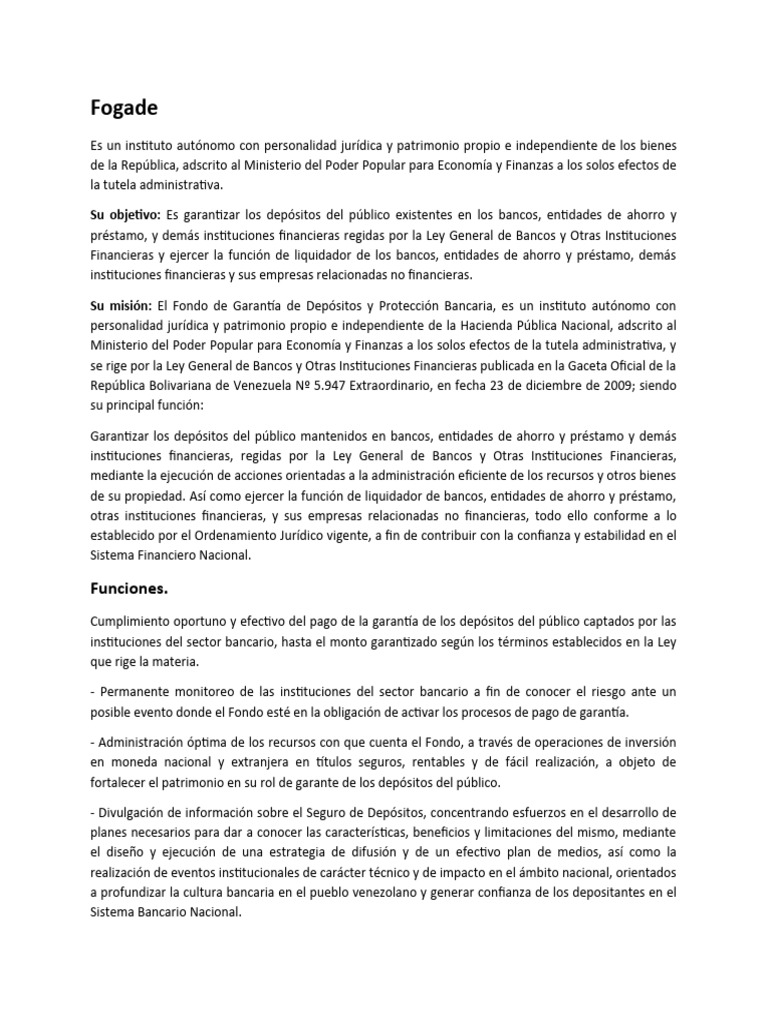 Funciones y Garantías de FOGADE | PDF | Bancos | Moneda