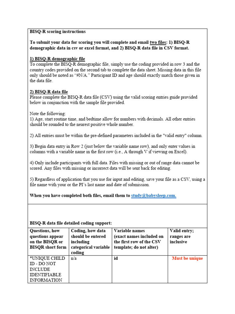 BISQ-R Data Submission Guidelines | PDF | Infants | Comma Separated Values