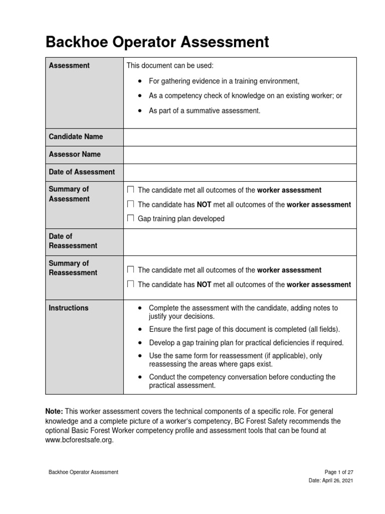 Backhoe Operator Competency Assessment | PDF | Engines | Mechanical ...