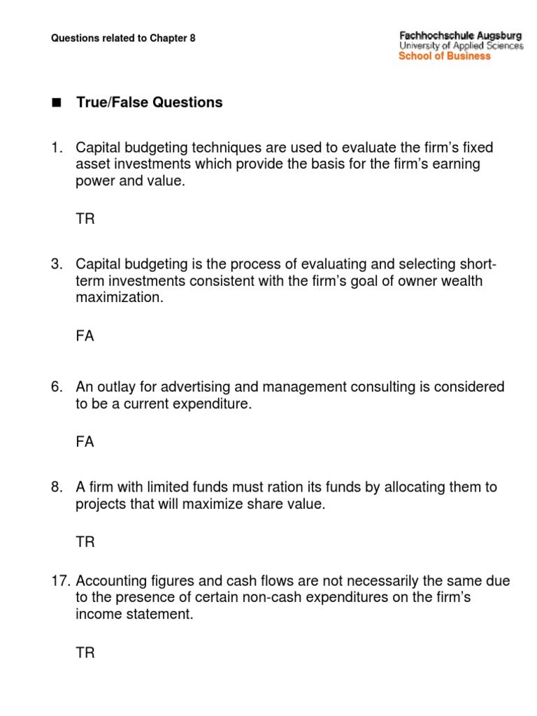 Chapter 8 Capital Budgeting Questions | PDF | Capital Budgeting ...