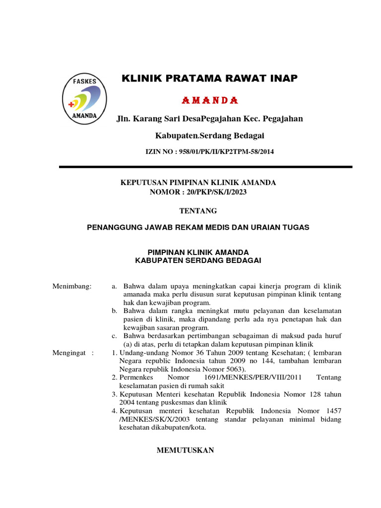 Contoh SK penanggung jawab rm | PDF