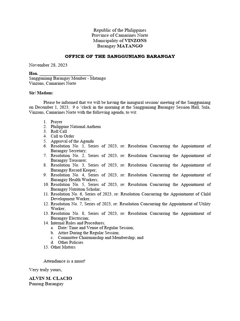 Inaugural Session Of Sangguniang Barangay Pdf