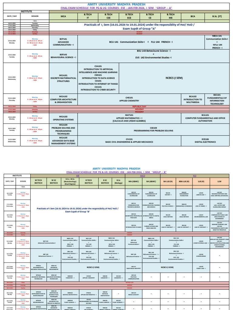 Final Exam Schedule for I Sem 2024 | PDF | Psychology | Science