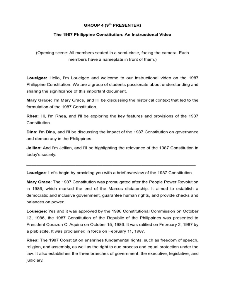 The 1987 Philippine Constitution (RPH INSTRUCTIONAL VIDEO SCRIPT) | PDF ...