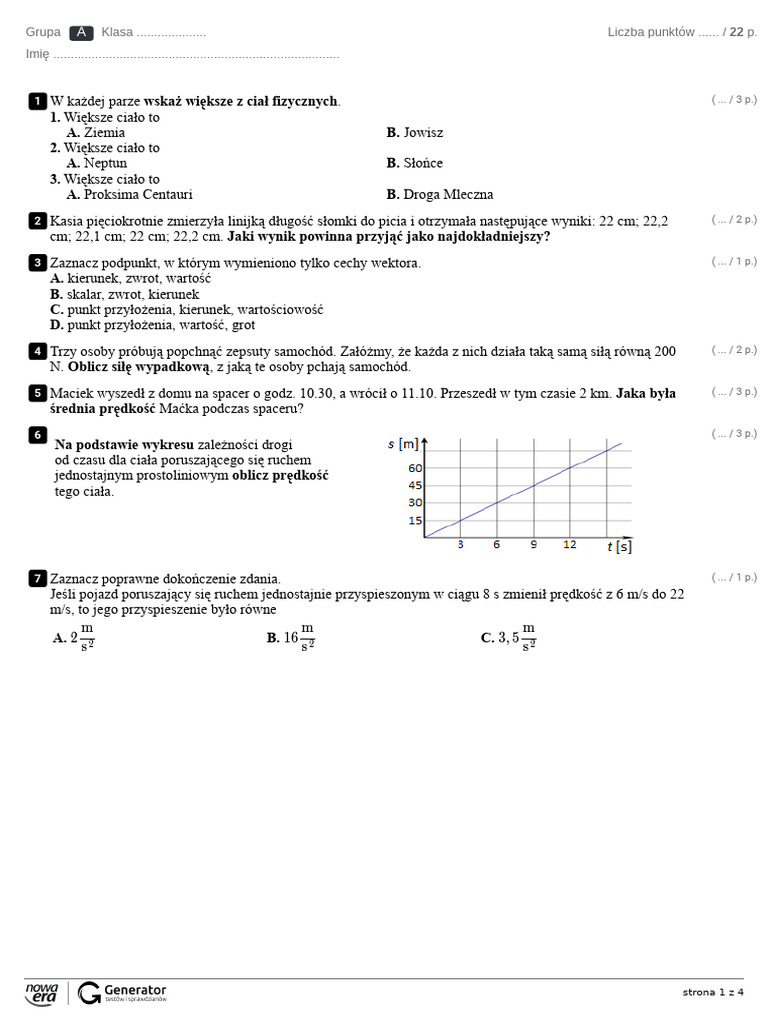 Test 1. Wprowadzenie. Przyczyny i opis ruchu prostoliniowego Test ...