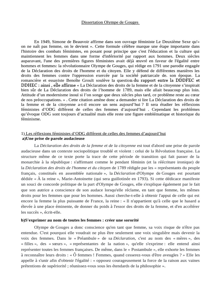 Sujet Dissertation Olympe De Gouges Corrigé Pdf Dissertation Olympe de Gouges | PDF | Sexe | Études des genres