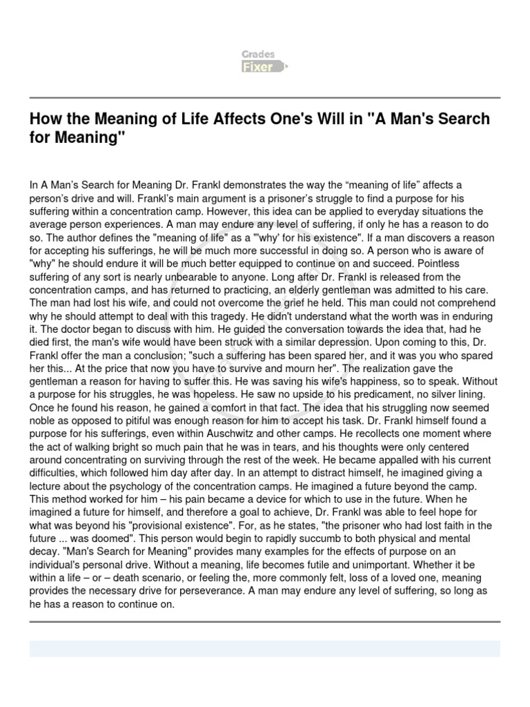 How the meaning of life affects ones will in a mans search for meaning