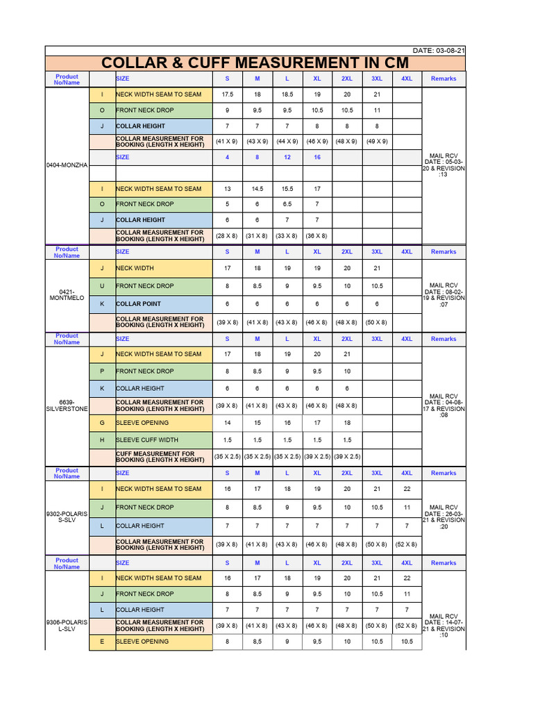 Collar & Cuff Measurement PDF Length Clothing