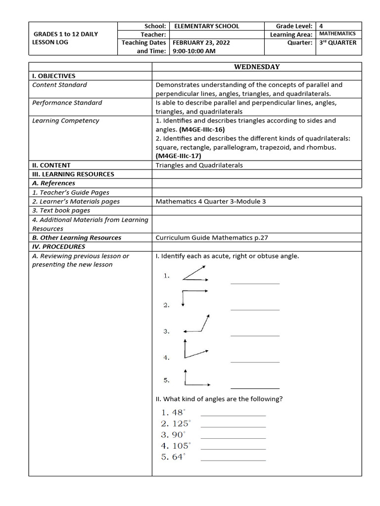 Grade 4 Math Lesson: Triangles & Quadrilaterals | PDF | Triangle ...