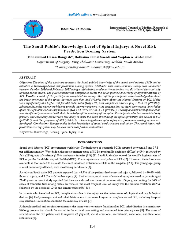 The saudi publics knowledge level of spinal injury a novel risk