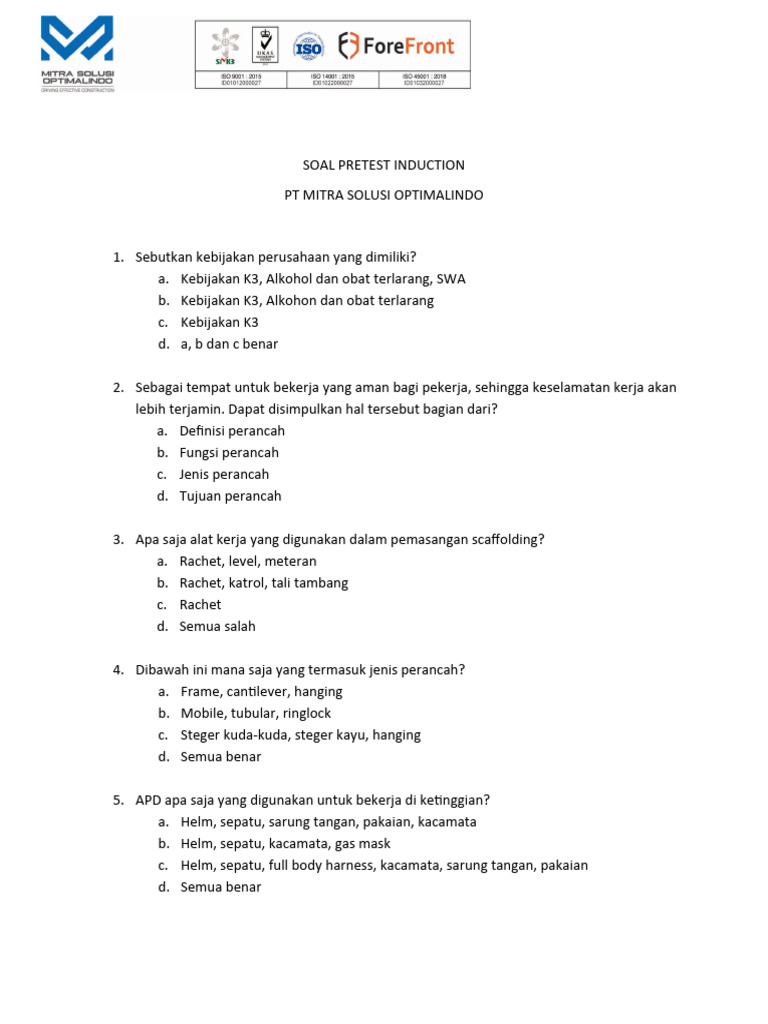 Soal Pretest Induction | PDF