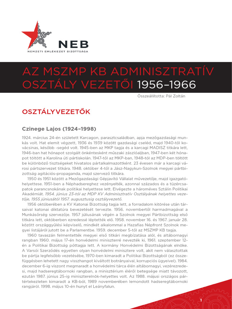 Az MSZMP KB Adminisztratív Osztály Vezetői | PDF