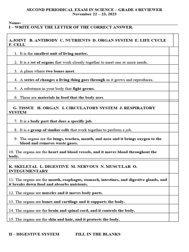 Grade 4 Science Exam Reviewer Pdf Human Body Digestion