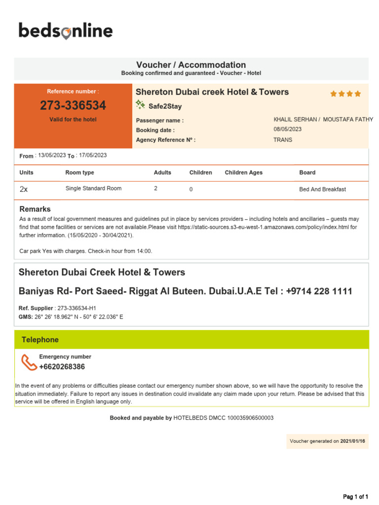 Sheraton Hotel Booking Confirmation | PDF