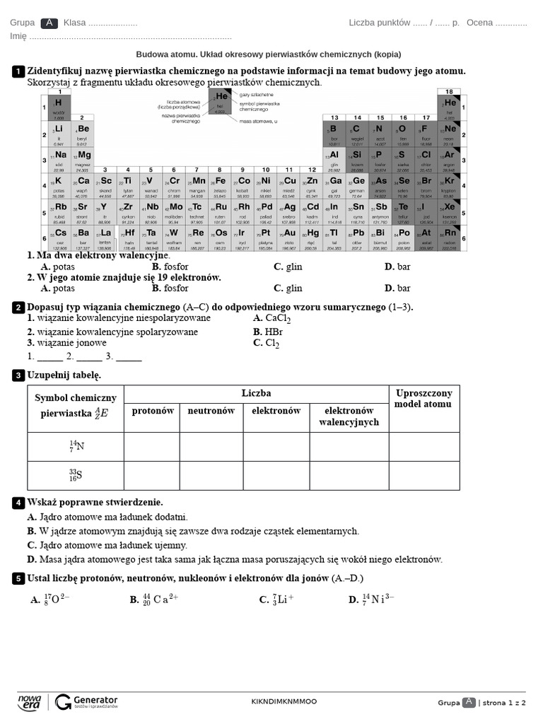 Budowa Atomu A Położenie Pierwiastka Chemicznego W Układzie Okresowym Budowa atomu. Układ okresowy pierwiastków chemicznych (kopia) Test (bez